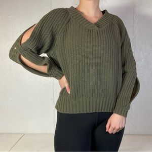 Army Green V Neck Knit Cold Shoulder Sweater